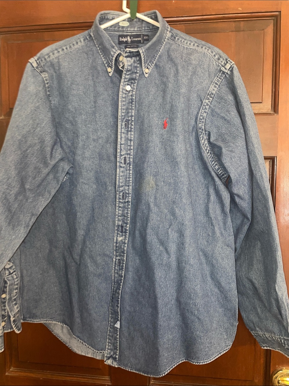Ralph Lauren Blue Denim Button-Down Shirt with Red Pony